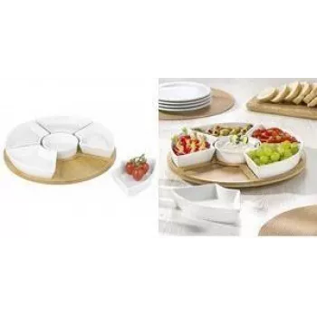 Esmeyer SUSAN 7 részes forgó tálalókészlet, bambusz tálca 6 porcelán tállal, 345 mm 302-060