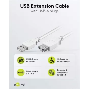 Wentronic USB 2.0 A dugó aljzatra hosszabbító kábel 5m fehér 96288