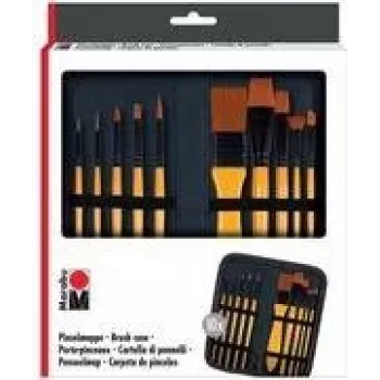 Marabu Brush Case with 10 Acrylic Brushes, Zippered Etui, Universal Assorted Shapes, Synthetic Bristles, Wood Handles 1628000000002