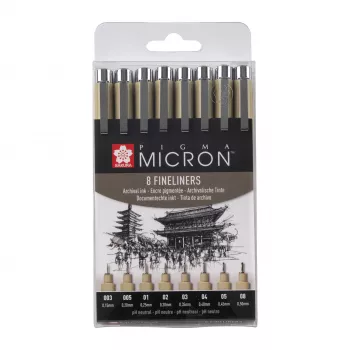 SAKURA Pigma Micron fineliner tollkészlet, 8 részes, fekete, különböző hegy méretek 0,15 mm-től ecsetig POXSDK8