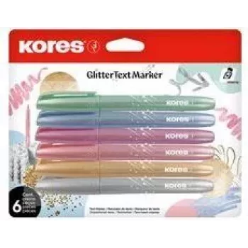 Kores glitter kiemelőfilc-készlet, ékhegy 3-5 mm, 6 élénk csillogó szín, vízbázisú, gyorsan száradó, dörzsálló, szellőzős kupak, nem mérgező TM36300