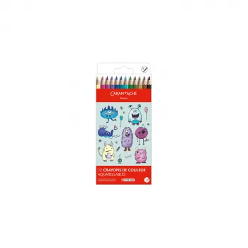 Caran d'Ache Swisscolor Kawaii Monsters vízoldható színes ceruzák, 12 darabos készlet, hatszögletű cédrusfa 1285.801