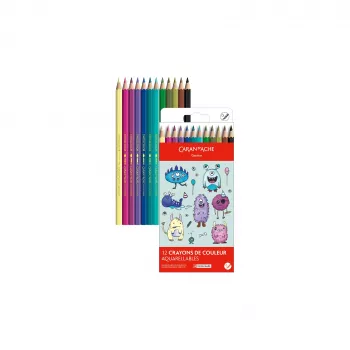 Caran d'Ache Swisscolor Kawaii Monsters vízoldható színes ceruzák, 12 darabos készlet, hatszögletű cédrusfa 1285.801