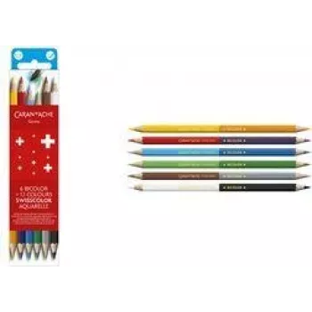 Caran d'Ache Swisscolor Bicolor Aquarelle vízoldható színes ceruzák, 6 bicolor ceruza = 12 szín, hatszögletű, FSC cédrus 1285.706