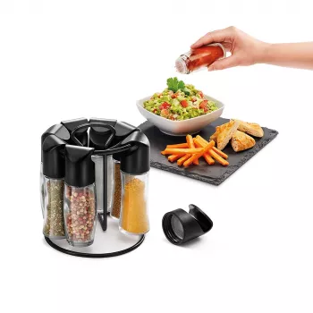 Metaltex Spice 8 forgó fűszertartó, kerek, fekete, 8 üres üvegedénnyel 252876080