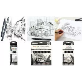 PentelArts Permanent Fineliner Pointliner 8 részes készlet, fekete, 0,03 mm-től 0,8 mm-ig + ecset YS20P-8