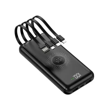 MRDISC PB-LEOsmart 10000mAh vezeték nélküli powerbank beépített kábelekkel, PD22.5W gyorstöltés, 15W vezeték nélküli kimenet, fekete