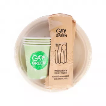 GOGREEN komposztálható piknik étkészlet 4 személyre, 24 darab, növényi alapú, természetes fehér