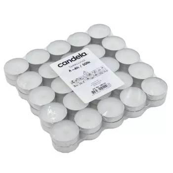 CANDELA mécsesek 75 db – fehér, illatmentes paraffin mécsesek alumíniumtartóban, 3,5-4h égési idő