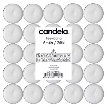 CANDELA mécsesek 75 db – fehér, illatmentes paraffin mécsesek alumíniumtartóban, 3,5-4h égési idő