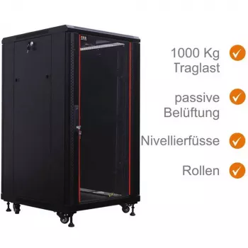 IT-BUDGET 19 inch hálózati szekrény SRK - 27U - 600x800 mm - üveg-/acélajtó - szerelt - fekete 99ITB19SRK2768GSNM