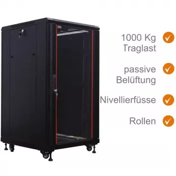 IT-BUDGET 19 inch hálózati szekrény SRK - 27U - 600x800 mm - üveg-/acélajtó - szerelt - fekete 99ITB19SRK2768GSNM