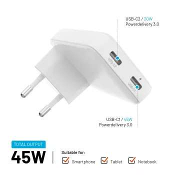 Fixed Slim 2xUSB-C utazási töltő 65W GaN PD fehér