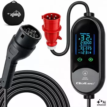 Qoltec mobil EV-töltő elektromos és hibrid autókhoz, 2-in-1 állítás, Typ 2, 7 kW, 230 V, CEE 32 A, LED, 5 m