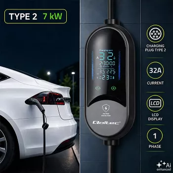 Qoltec mobil EV-töltő elektromos és hibrid autókhoz, 2-in-1 állítás, Typ 2, 7 kW, 230 V, CEE 32 A, LED, 5 m