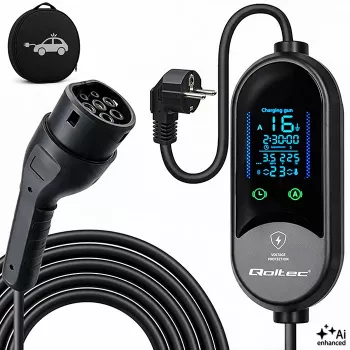 Qoltec mobil EV-töltő 2-in-1, Type 2, 3,5 kW, 230 V, Schuko 16 A, LED, 5 m (53182)