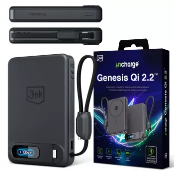 3mk incharge Genesis Qi2 25W vezeték nélküli töltő + PD 45W beépített USB-C-kábellel, fekete