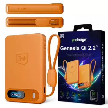 3mk incharge® Genesis Qi 2 25W vezeték nélküli töltő + PD45W, beépített USB-C kábel, narancssárga
