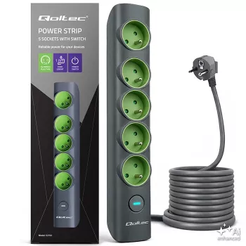 Qoltec elosztósín megvilágított kapcsolóval, 5 Schuko aljzat, 1,8 m