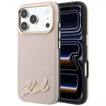 Karl Lagerfeld szemcsézett felületű, resin szignatúra-logós MagSafe telefontok iPhone 18 Pro / 17 Pro-hoz, rózsaszín