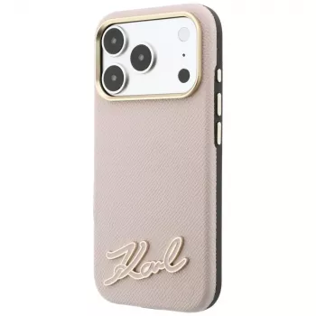 Karl Lagerfeld szemcsézett felületű, resin szignatúra-logós MagSafe telefontok iPhone 18 Pro / 17 Pro-hoz, rózsaszín