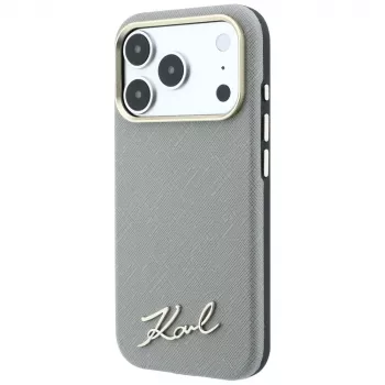 Karl Lagerfeld Saffiano kis Script fém logós MagSafe tok iPhone 18 Pro Max / 17 Pro Max-hoz, bézs