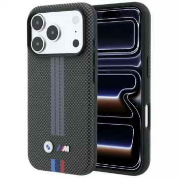 BMW M Quadrille Kevlar Tricolor Print Lines MagSafe tok iPhone 18 Pro / 17 Pro-hoz, antracit