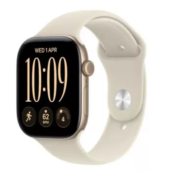 Apple Watch Series 12 GPS okosóra, 46 mm, világosarany alumíniumház, homok színű sportkarszalag S/M