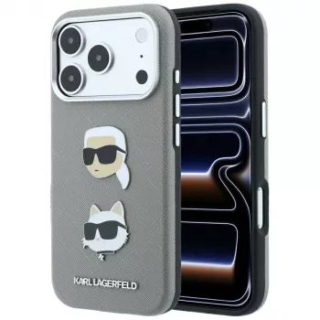 Karl Lagerfeld Saffiano tok Karl & Choupette Heads Pins & Logo díszítéssel iPhone 18 Pro Max / 17 Pro Max készülékhez, szürke