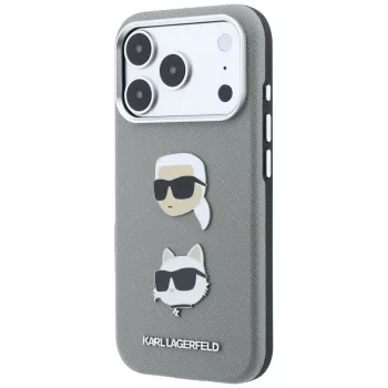 Karl Lagerfeld Saffiano tok Karl & Choupette Heads Pins & Logo díszítéssel iPhone 18 Pro Max / 17 Pro Max készülékhez, szürke