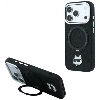 Karl Lagerfeld with Ring Stand 360 Choupette Head Pin MagSafe okostelefon-tok iPhone 18 Pro / 17 Pro készülékhez, fekete