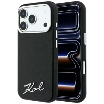 Karl Lagerfeld Saffiano Small Script Metal Logo MagSafe okostelefon tok iPhone 18 Pro / 17 Pro készülékhez, fekete
