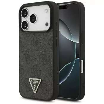 Guess Leather 4G Triangle Strass MagSafe tok iPhone 18 Pro / 17 Pro készülékhez, fekete