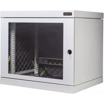 Silence Rack 99SRWV124GG hangszigetelt 19 inch fali hálózati szekrény, 12 HE, 450 mm mélység, átlátszó ajtó, 1 SILENT ventilátor, világosszürke