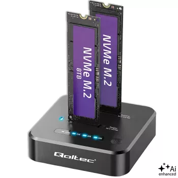 Qoltec 52633 M.2 NVMe SSD dokkoló, PCIe, 2 x 8TB, USB-C 3.2, 10 Gb/s, offline klónozás
