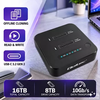 Qoltec 52633 M.2 NVMe SSD dokkoló, PCIe, 2 x 8TB, USB-C 3.2, 10 Gb/s, offline klónozás