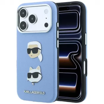 Karl Lagerfeld KF003247 Saffiano Karl & Choupette Heads Pins & Logo tok iPhone 18 Pro / 17 Pro, világoskék