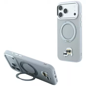 Karl Lagerfeld KF003229 tok 360 fokos gyűrűs állvánnyal Karl & Choupette Heads Pin MagSafe iPhone 18 Pro / 17 Pro, szürke