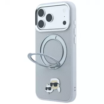 Karl Lagerfeld KF003229 tok 360 fokos gyűrűs állvánnyal Karl & Choupette Heads Pin MagSafe iPhone 18 Pro / 17 Pro, szürke