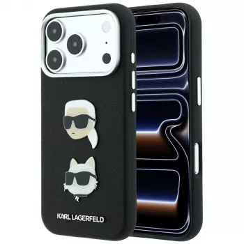 Karl Lagerfeld KF003249 Saffiano with Karl & Choupette Heads Pins & Logo tok iPhone 18 Pro / 17 Pro készülékhez, fekete