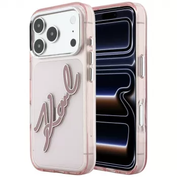 Karl Lagerfeld KF003384 IML Big Signature Resin Metal Frame tok iPhone 18 Pro Max / 17 Pro Max-hoz, rózsaszín