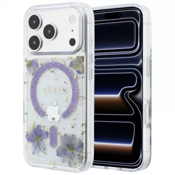 Guess GUE005781 Resin Flowers Glitter MagSafe tok iPhone 18 Pro / 17 Pro-hoz, lila