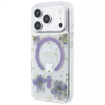 Guess GUE005781 Resin Flowers Glitter MagSafe tok iPhone 18 Pro / 17 Pro-hoz, lila