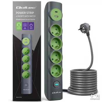 Qoltec 52762 elosztó világító kapcsolóval, 4 földelt csatlakozó, 1 x USB-C 15 W, 1 x USB 12 W, 1,8 m
