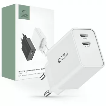 Tech-Protect C35W 2 portos hálózati töltő, PD 35 W, fehér