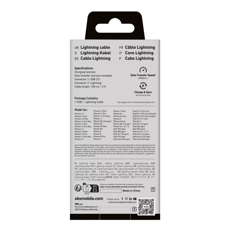 SBS TECABLEUSBIP589A USB-A–Lightning kábel, 1 m, kék