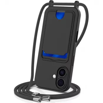 Marka Niezdefiniowana iPhone 17 TPU tok kártyarekeszcel és crossbody lanyarddal, fekete