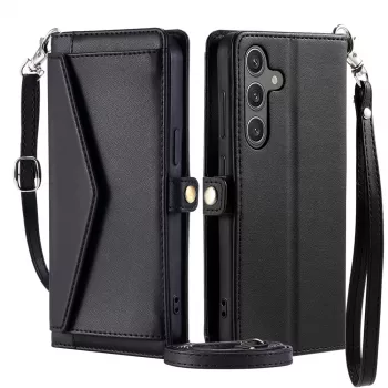Hurtel Samsung Galaxy A56 5G PU bőr pénztárcatartós tok kitámasztó funkcióval és pántokkal, fekete
