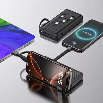 Wozinsky W11-B 10000mAh 10W powerbank beépített kábelekkel és zseblámpával, fekete