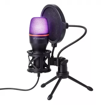 Wozinsky WM-W111 vezetékes stúdió játékmikrofon állvánnyal és RGB háttérvilágítással, fekete